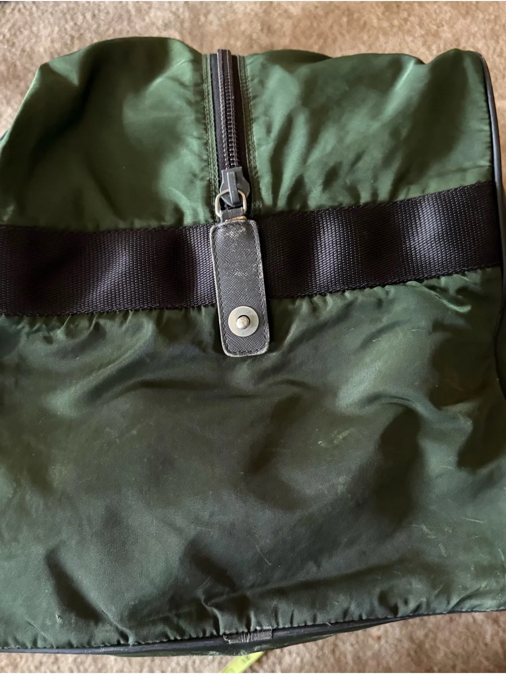 Prada Dark Olive Nylon Duffel Bag with Black Straps. Versatile Travel Piece!
